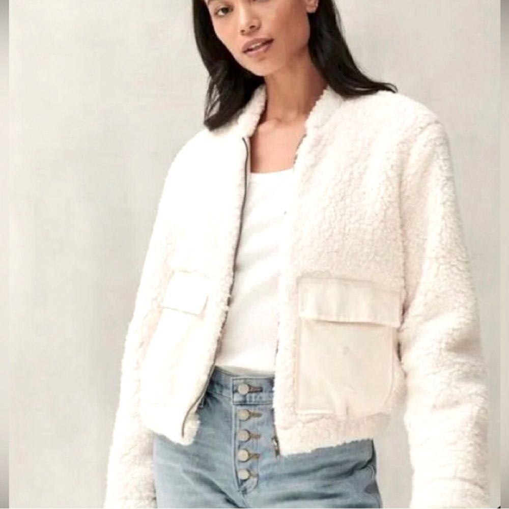 Lucky Brand Utility Teddy Coat Sherpa Zip Up Bomber Jacket in Stone with Pockets